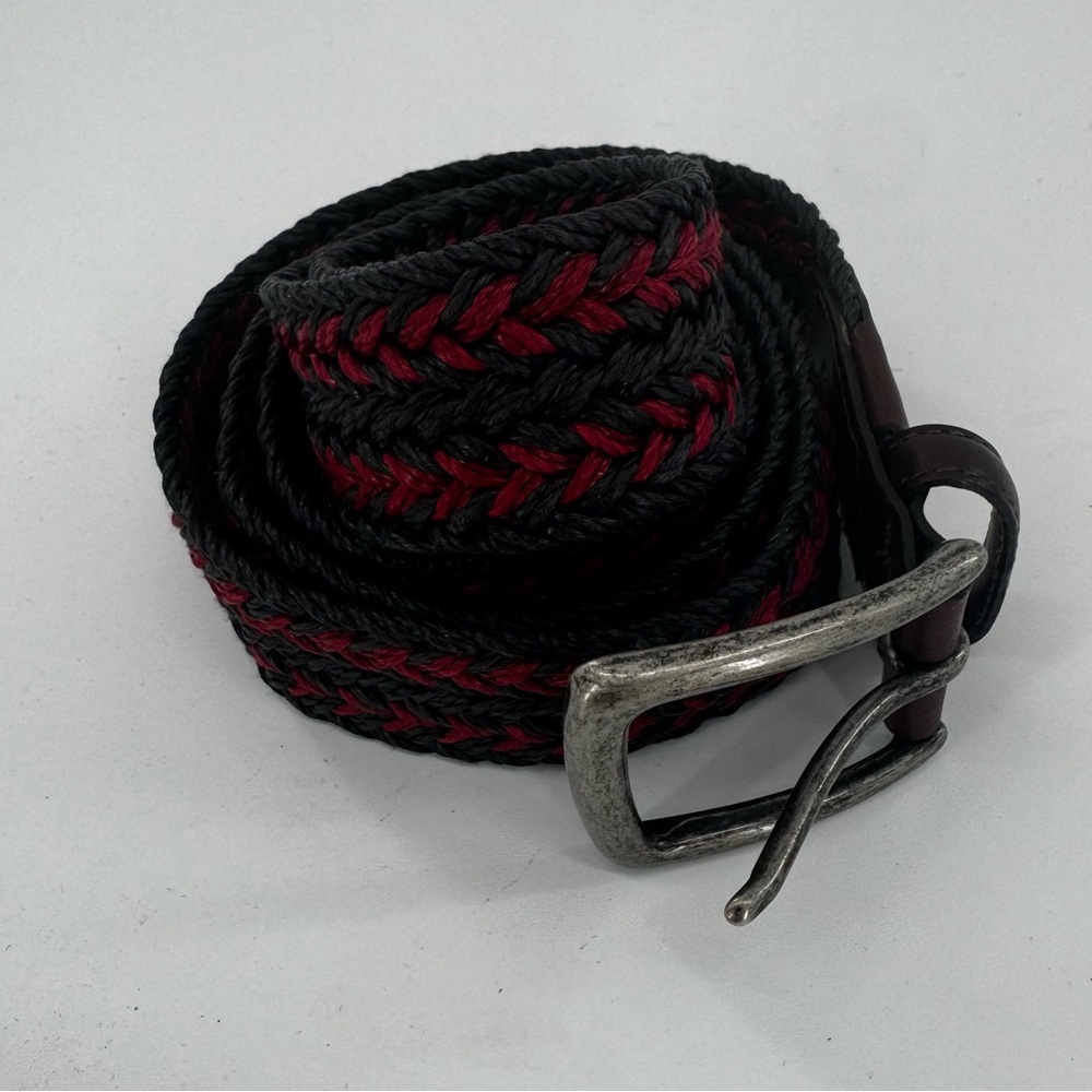 Vintage Torino Mens Silver Buckle Belt Woven Red Black Brown Leather Size 44‎